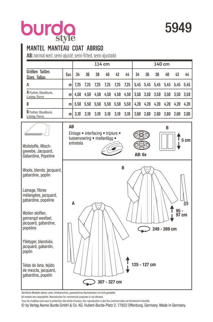 Patron de manteau court et long Burda 5949