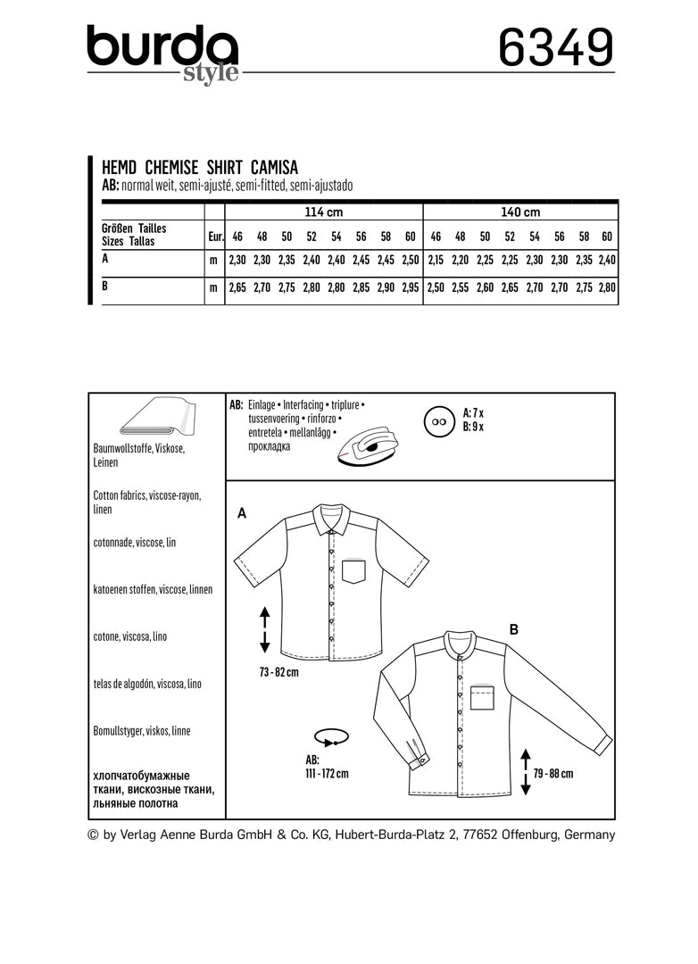 Patron de chemises classiques pour homme Burda 6349