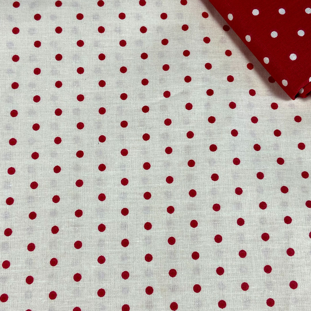 Tissu coton beige imprimé pois rouges, 25cm