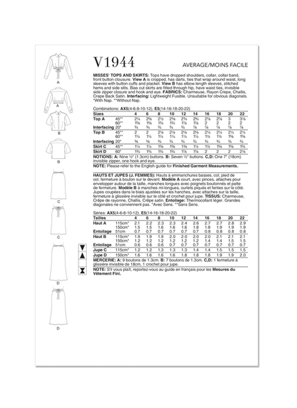 Patron de haut et jupe Vogue 1944, Patron couture femme