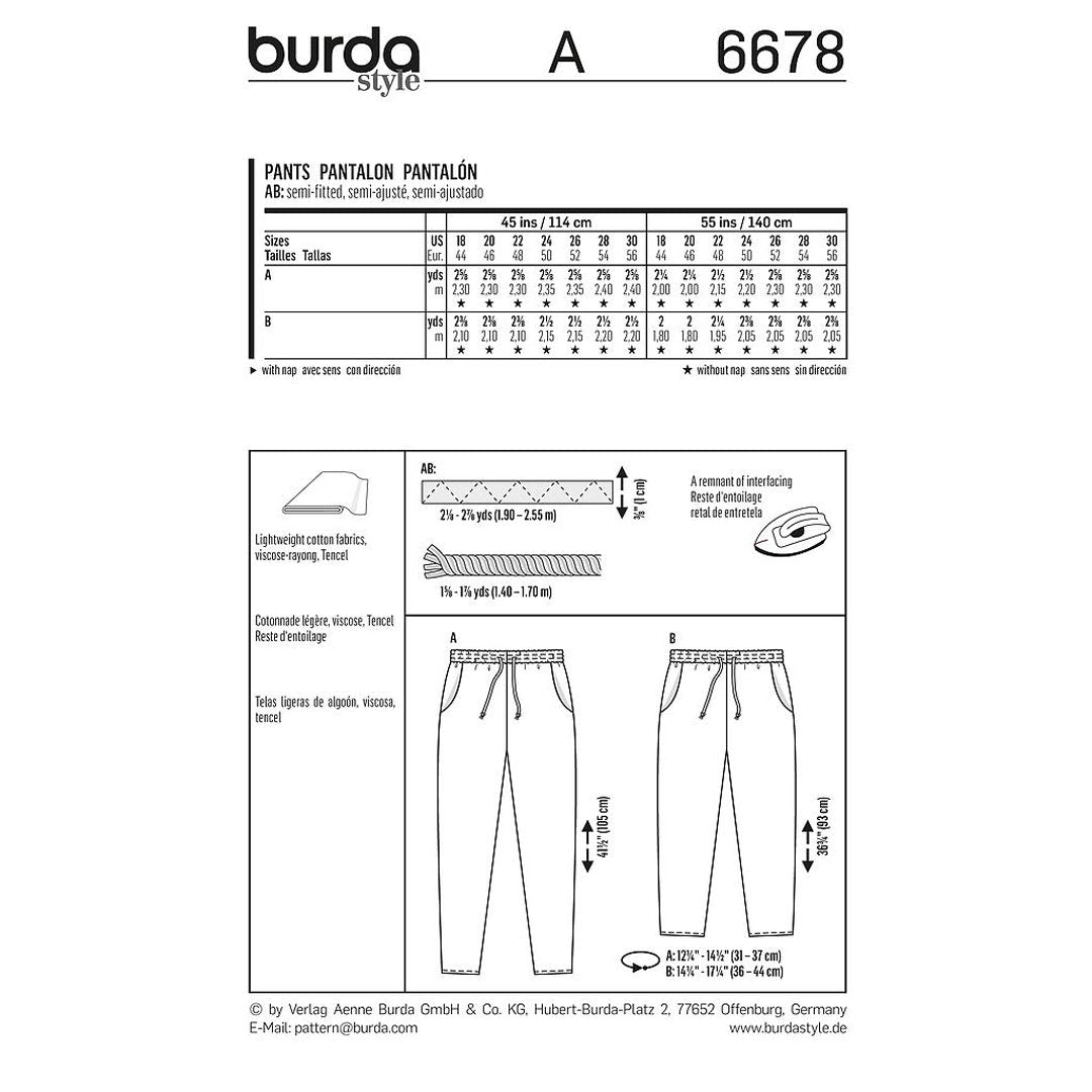 Burda 6678, patron pantalon femme