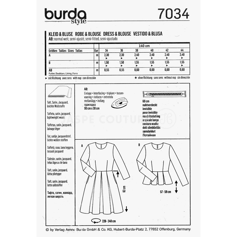 Patrons de couture robe et blouse Burda 7034