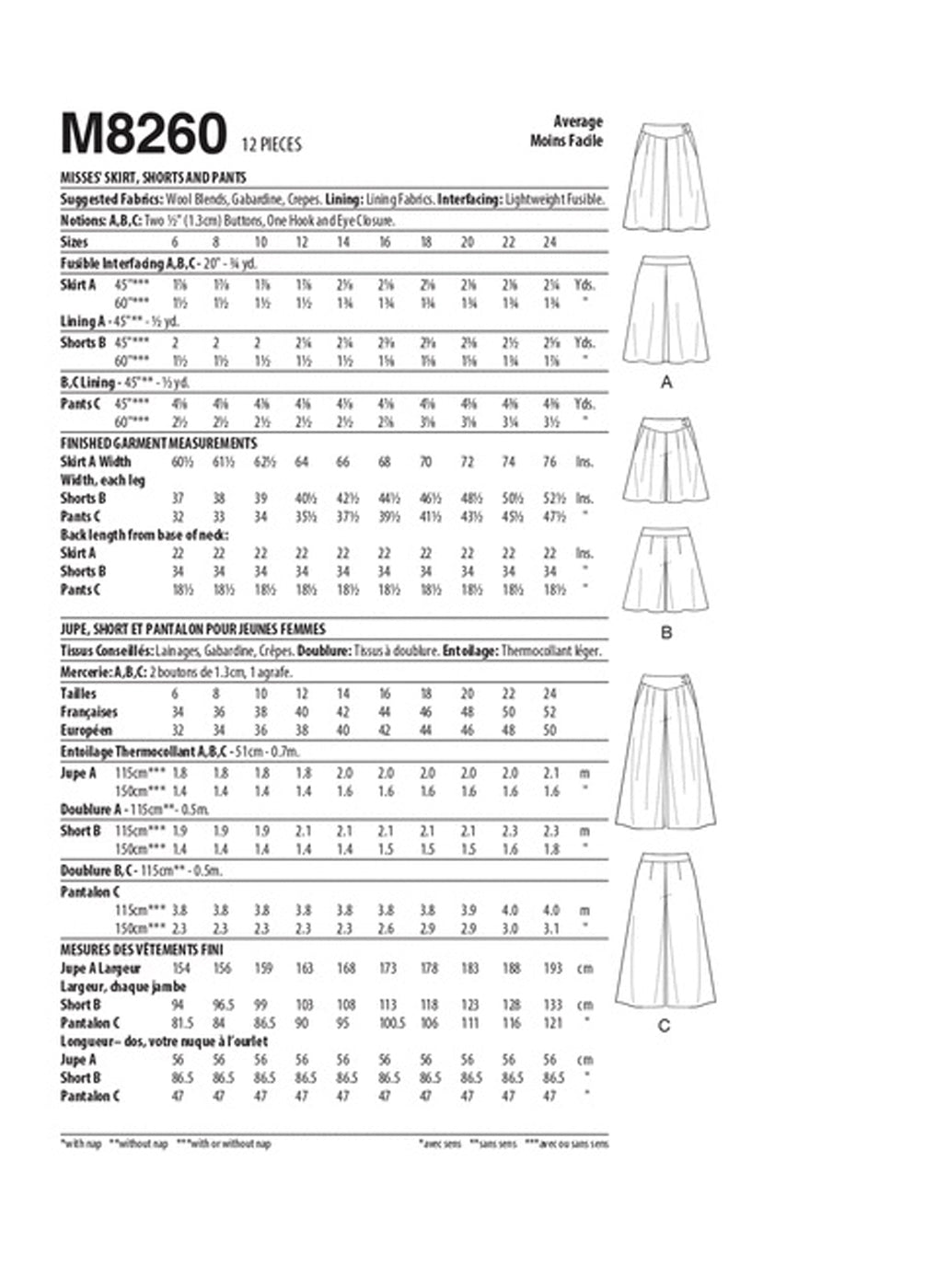 Patron de couture jupe, short et pantalon McCall's 8260