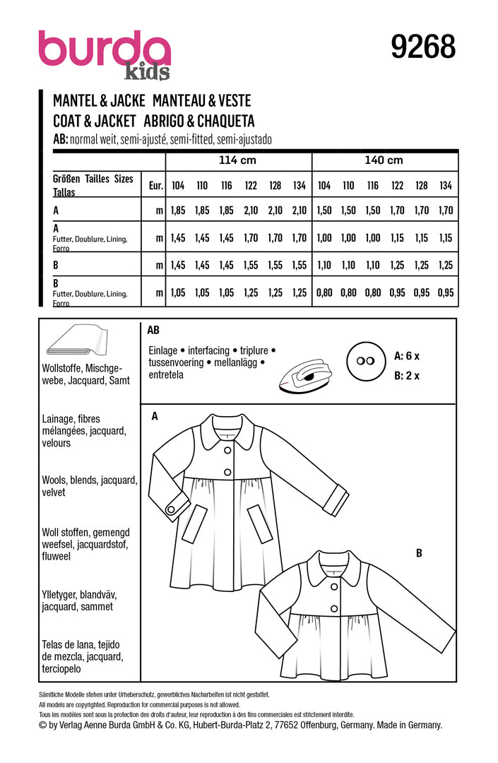 Patron Burda manteau et veste à col pour enfant Burda 9268