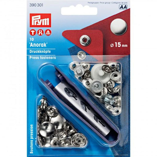 Boutons pression Prym 15mm sans couture, Pression Anorak, argent, 390301