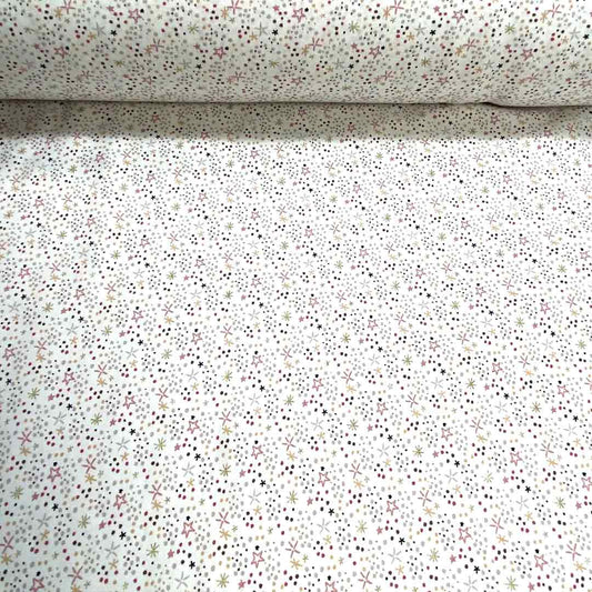 Tissu jersey Simia, motifs petites étoiles et points sur fond blanc rose, souple, tissu Domotex 